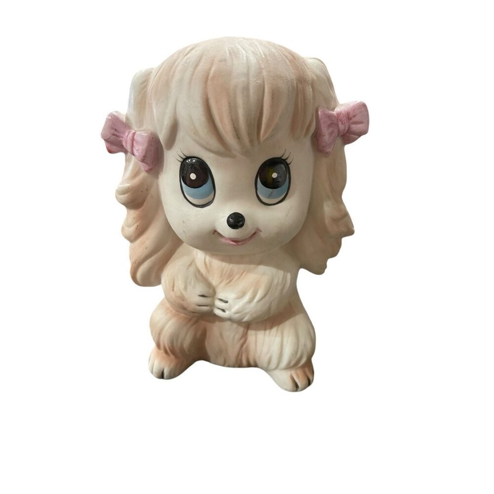 Vtg Lefton China Hand Painted Figurine Anthropomorphic Puppy Pink Bows‎ Big Eyes